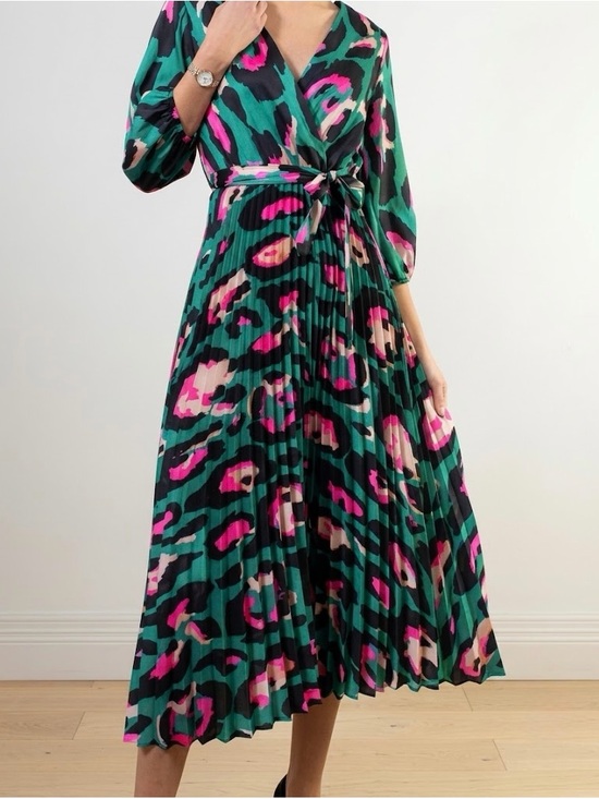 Wodmaya Dresses & Skirts - Teal & Pink Abstract AnimalPrinted Faux Wrap Midi Dress